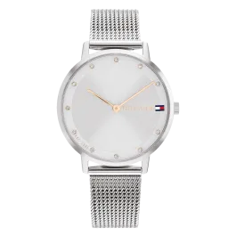 Relógio Aço Prateado, Cristais e Malha Milanesa