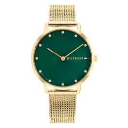 Relógio Aço IP Dourado, Cristais, Malha Milanesa