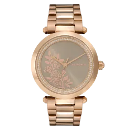 Relógio Floral T-Bar Aço IP Dou. Rosa e Cristais