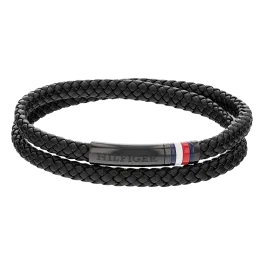 Pulseira dupla Homem em aço e pele preta
