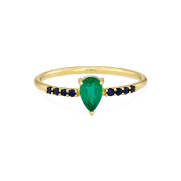 Anel Solitário Pixies Ouro Amarelo, Esmeralda E Safiras Azul