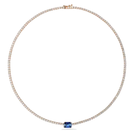 Colar Tennis Ouro Rosa, Diamantes E Safiras Azuis