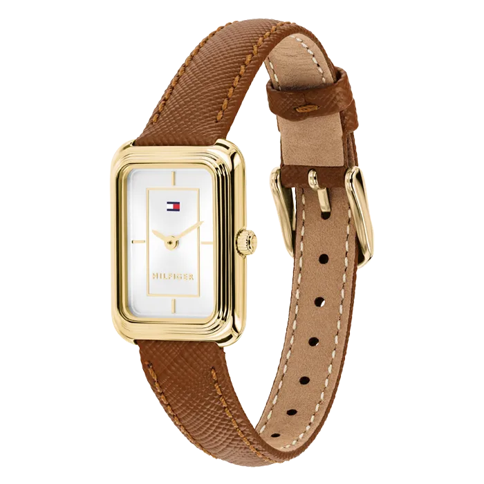 Relógio Mulher Aço IP Dourado Pele