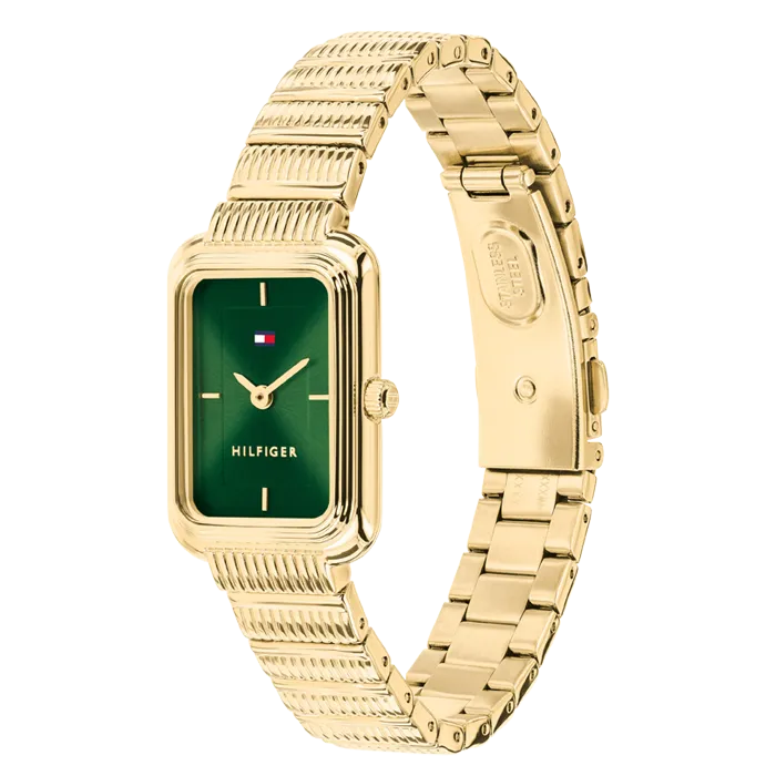 Relógio Mulher Retangular Aço IP Dourado