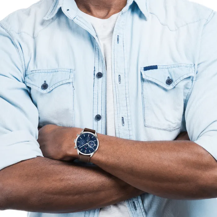 Relógio Homem Multifunçoes Aço e Pele