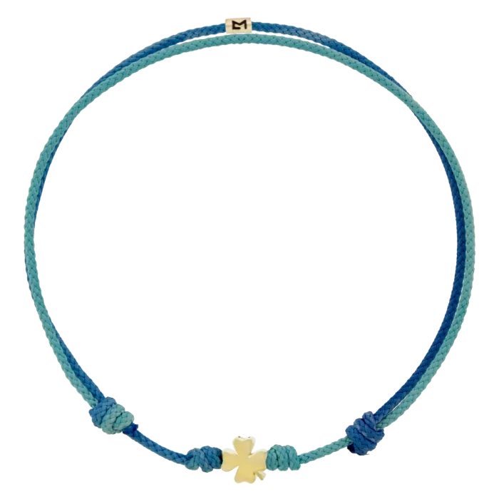 Pulseira Mini Symbol Clover Ouro Amarelo E Corda Azul