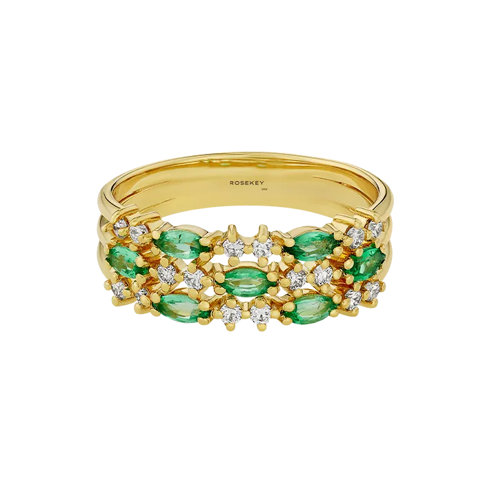 Anel Secret Bloom Ouro Amarelo, Esmeraldas e Diamantes
