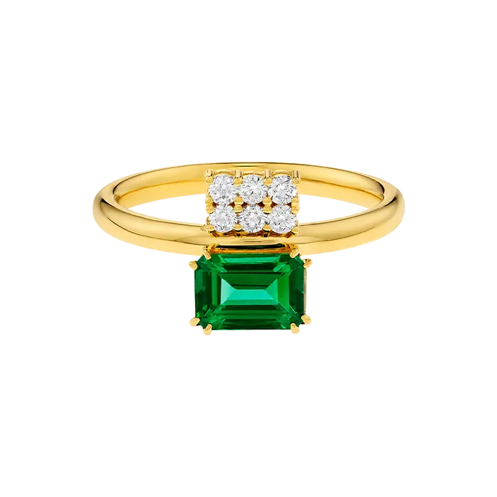 Anel Swallowtail Ouro Amarelo, Esmeralda e Diamantes
