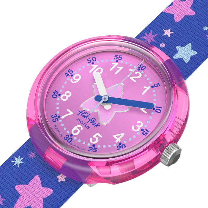 Relógio Flik Flak de criança rosa e azul estrelas