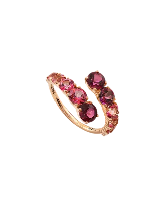 Anel Ouro Rosa, Turmalina, Top&aacute;zio e Rodolite Rosa