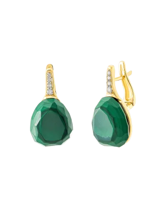 Brincos Ouro Amarelo, Malaquite e Diamantes