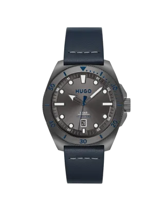 Relógio #Visit Aço IP Cinzento e Pele Azul