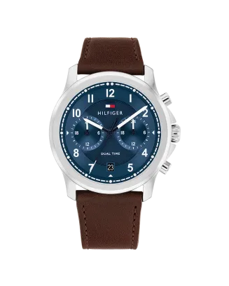 Relógio Homem Multifunções Aço e Pele