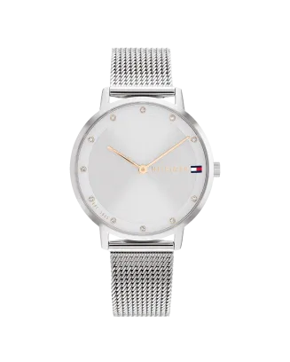 Relógio Aço Prateado, Cristais e Malha Milanesa