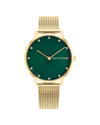 Relógio Aço IP Dourado, Cristais, Malha Milanesa