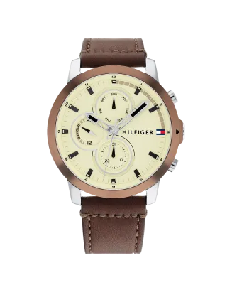 Relógio Homem Multifunções Aço e Pele