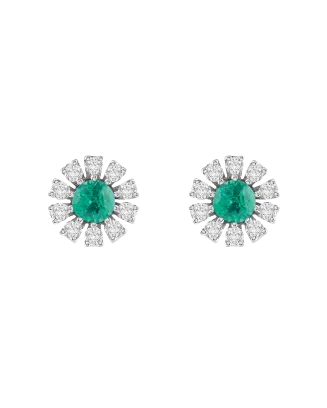 Brincos Margherita Ouro Branco Diamantes E Esmeraldas