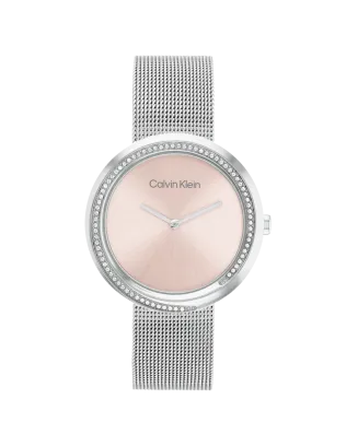 Relógio Senhora Rosa e Aço com Cristais em Malha Milanesa