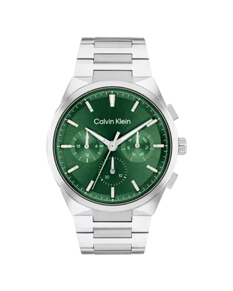 Relógio Homem Multifunções Verde e Prateado em Aço