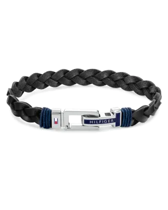 Pulseira Entrançada Aço e Pele Preta