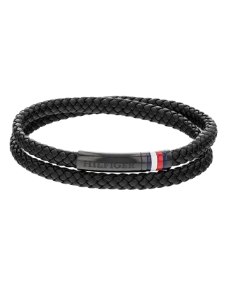 Pulseira dupla Homem em aço e pele preta