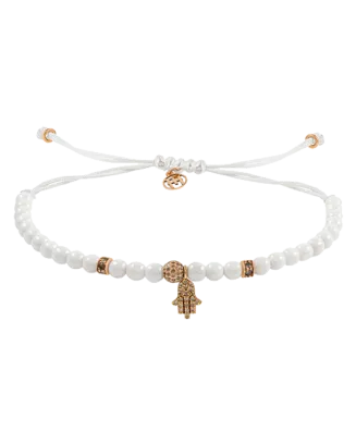 Pulseira Mini Hamsa Corda Branca, Ouro Rosa e Diamantes