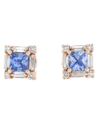 Brincos Ouro Rosa, Diamantes e Safiras Azuis