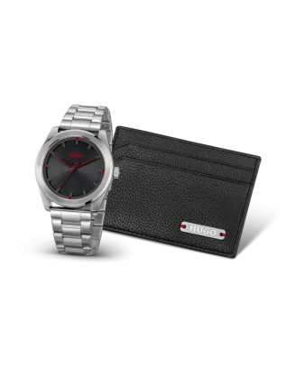 Set Homem Rel&oacute;gio e Porta-Cart&otilde;es Pele