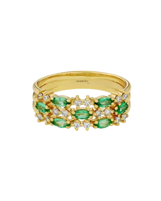 Anel Secret Bloom Ouro Amarelo, Esmeraldas e Diamantes