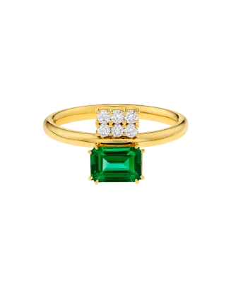 Anel Swallowtail Ouro Amarelo, Esmeralda e Diamantes