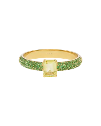Anel Sweet Briar Ouro Amarelo, Quartzo e Tsavorite