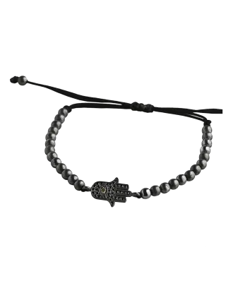 Pulseira Hamsa Corda Preta, Prata E Diamantes