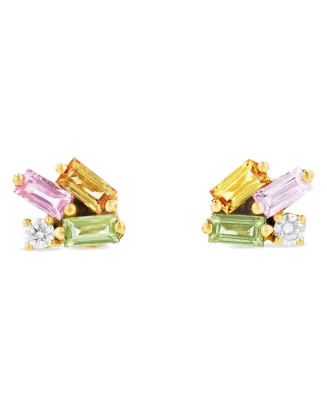 Brincos Ouro Amarelo, Safiras Coloridas e Diamantes