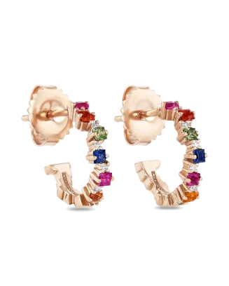 Brincos Argola Ouro Rosa, Safiras Coloridas e Diamantes