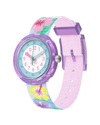 Rel&oacute;gio Flik Flak de crian&ccedil;a roxo flores