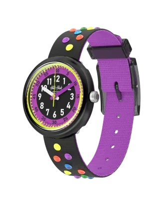 Rel&oacute;gio Flik Flak de crian&ccedil;a preto e roxo
