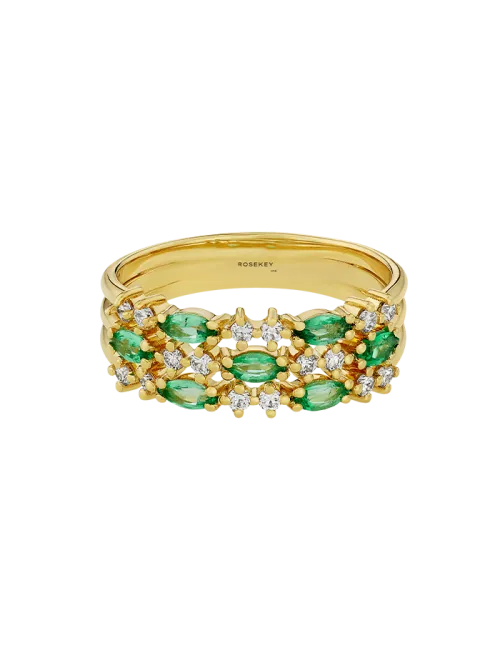 Anel Secret Bloom Ouro Amarelo, Esmeraldas e Diamantes