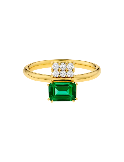 Anel Swallowtail Ouro Amarelo, Esmeralda e Diamantes