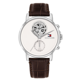 Relógio Homem Multifunções Aço e Pele