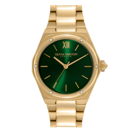 Relógio Hexa Verde Aço IP Dourado e Cristais