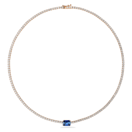 Colar Tennis Ouro Rosa, Diamantes E Safiras Azuis