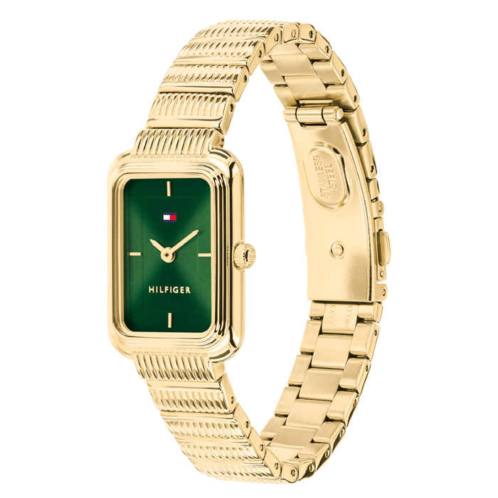 Relógio Mulher Retangular Aço IP Dourado