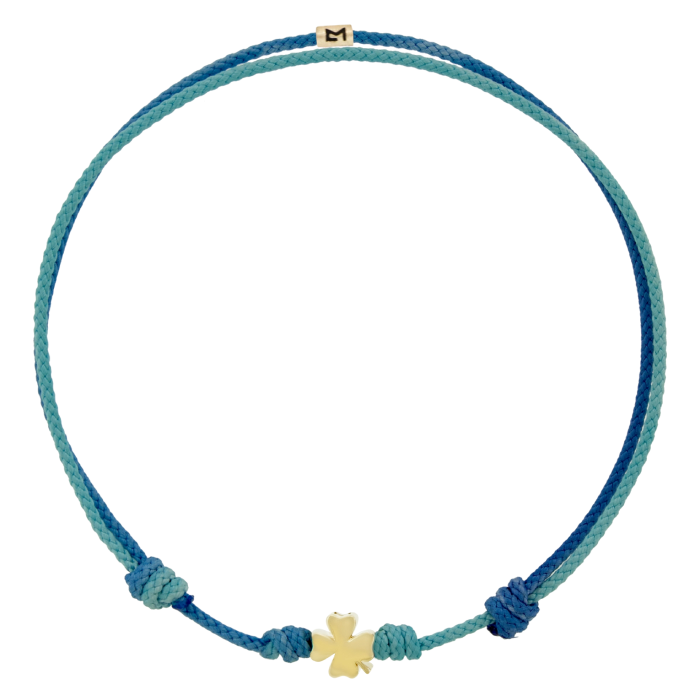 Pulseira Mini Symbol Clover Ouro Amarelo E Corda Azul