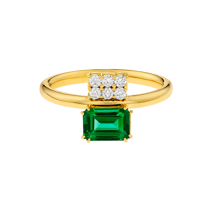 Anel Swallowtail Ouro Amarelo, Esmeralda e Diamantes