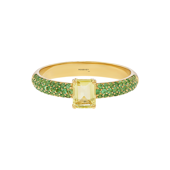 Anel Sweet Briar Ouro Amarelo, Quartzo e Tsavorite