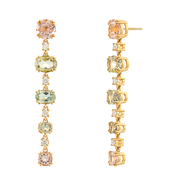 Brincos LilyoftheValley Diamantes, Morganite e Prasiolite