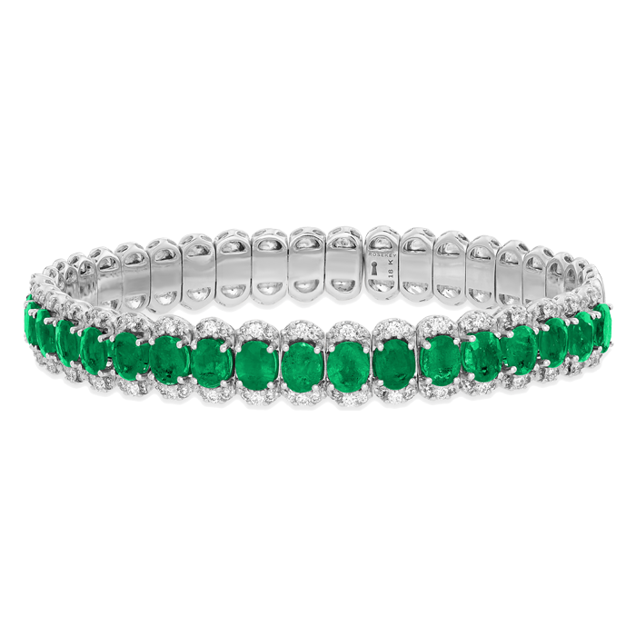 Pulseira Ouro Branco, Diamantes E Esmeraldas Ovais
