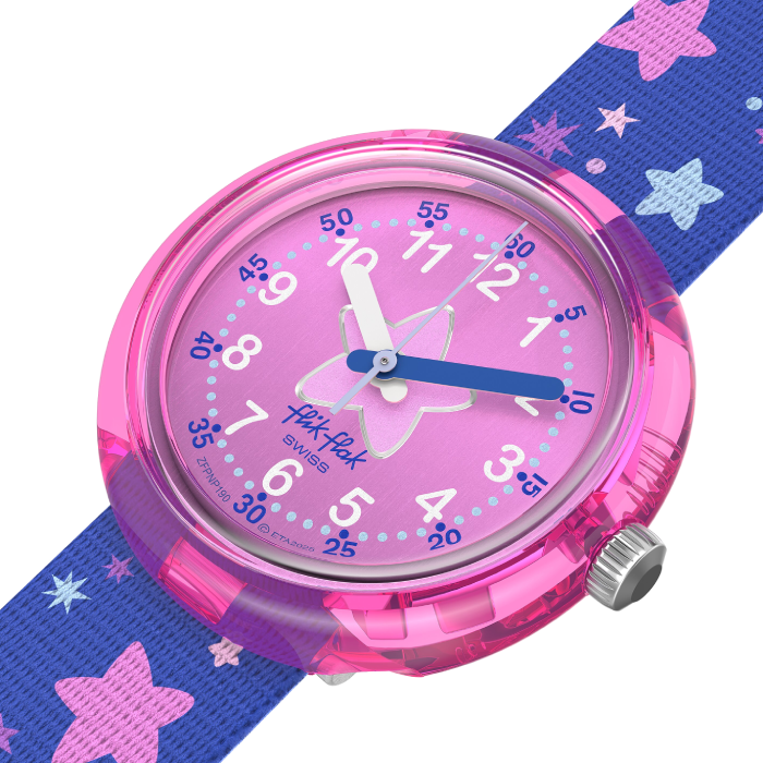 Relógio Flik Flak de criança rosa e azul estrelas
