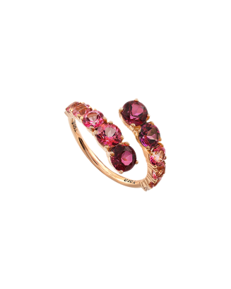 Anel Ouro Rosa, Turmalina, Top&aacute;zio e Rodolite Rosa