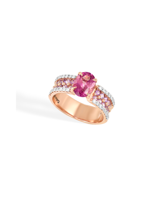 Anel Ouro Rosa, Safira, Turmalina e Diamantes